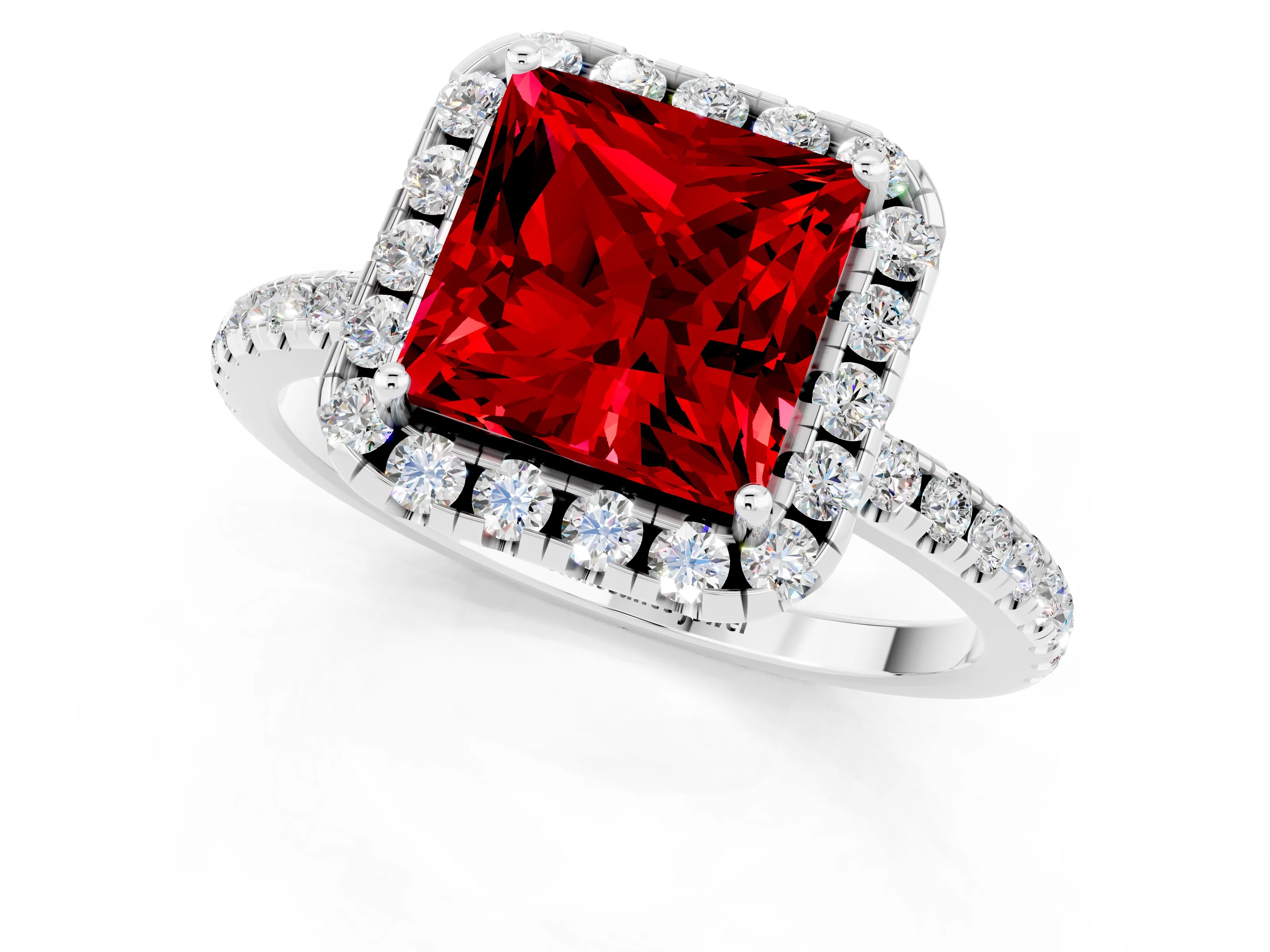 White gold Princess Cut Halo Round Diamond Pavé Band Four-Prong Ring_1