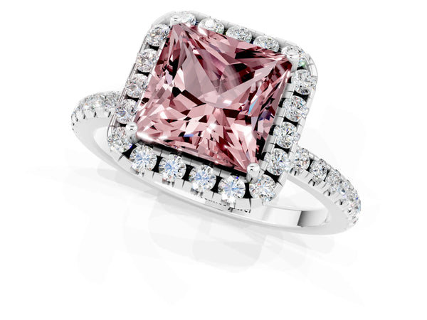 Silver Princess Cut Halo Round Diamond Pavé Band Four-Prong Ring