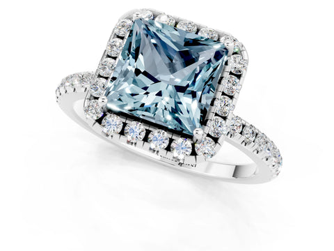 White gold Princess Cut Halo Round Diamond Pavé Band Four-Prong Ring_1