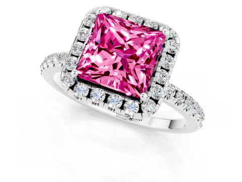 White gold Princess Cut Halo Round Diamond Pavé Band Four-Prong Ring_1