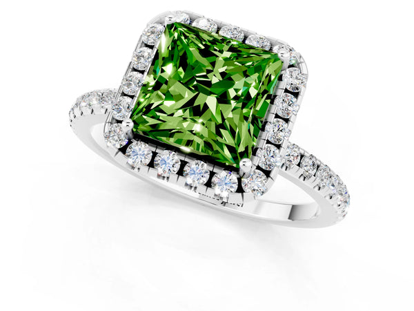 Silver Princess Cut Halo Round Diamond Pavé Band Four-Prong Ring