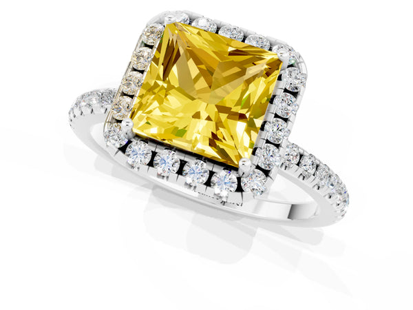 Silver Princess Cut Yellow Sapphire Halo Ring with Round Pavé Band and Prong Setting
