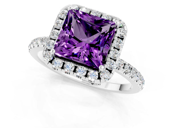 Platinum Princess Cut Amethyst Halo Ring with Round Pavé Band and Prong Setting