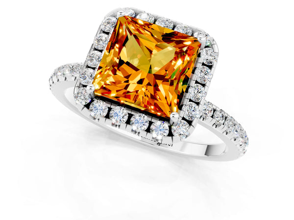 Silver Princess Cut Citrine Halo Ring with Round Pavé Band and Prong Setting