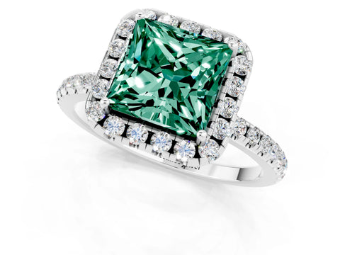 White gold Princess Cut Halo Round Diamond Pavé Band Four-Prong Ring_1