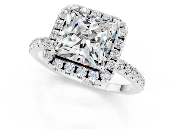Platinum Princess Cut Moissanite Halo Ring with Round Pavé Band and Prong Setting