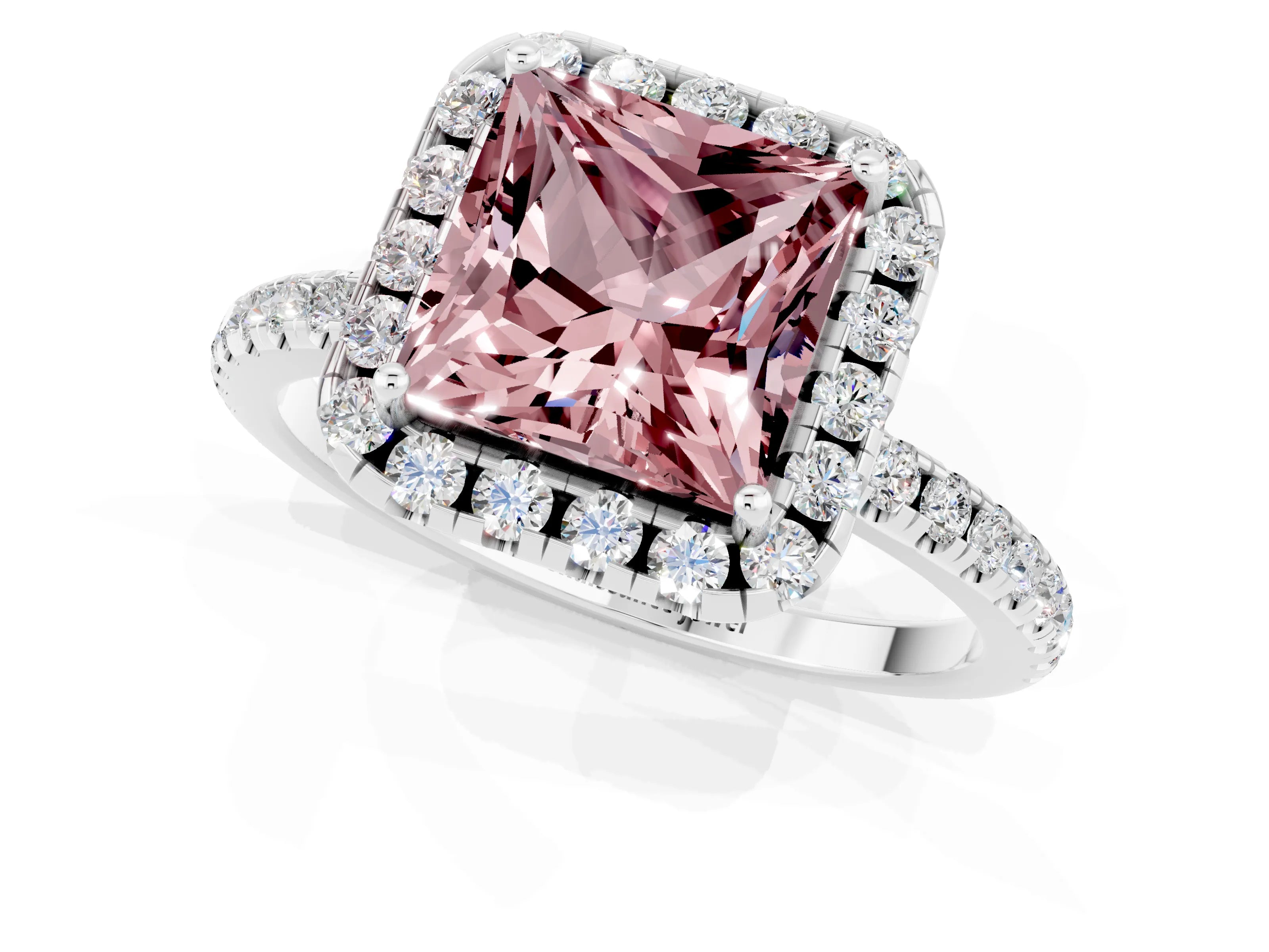 White gold Princess Cut Halo Round Diamond Pavé Band Four-Prong Ring_1