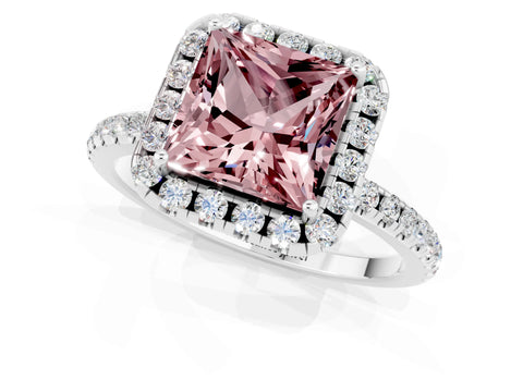 White gold Princess Cut Halo Round Diamond Pavé Band Four-Prong Ring_1