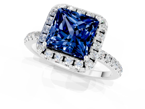 White gold Princess Cut Blue Sapphire Halo Ring with Round Pavé Band and Prong Setting
