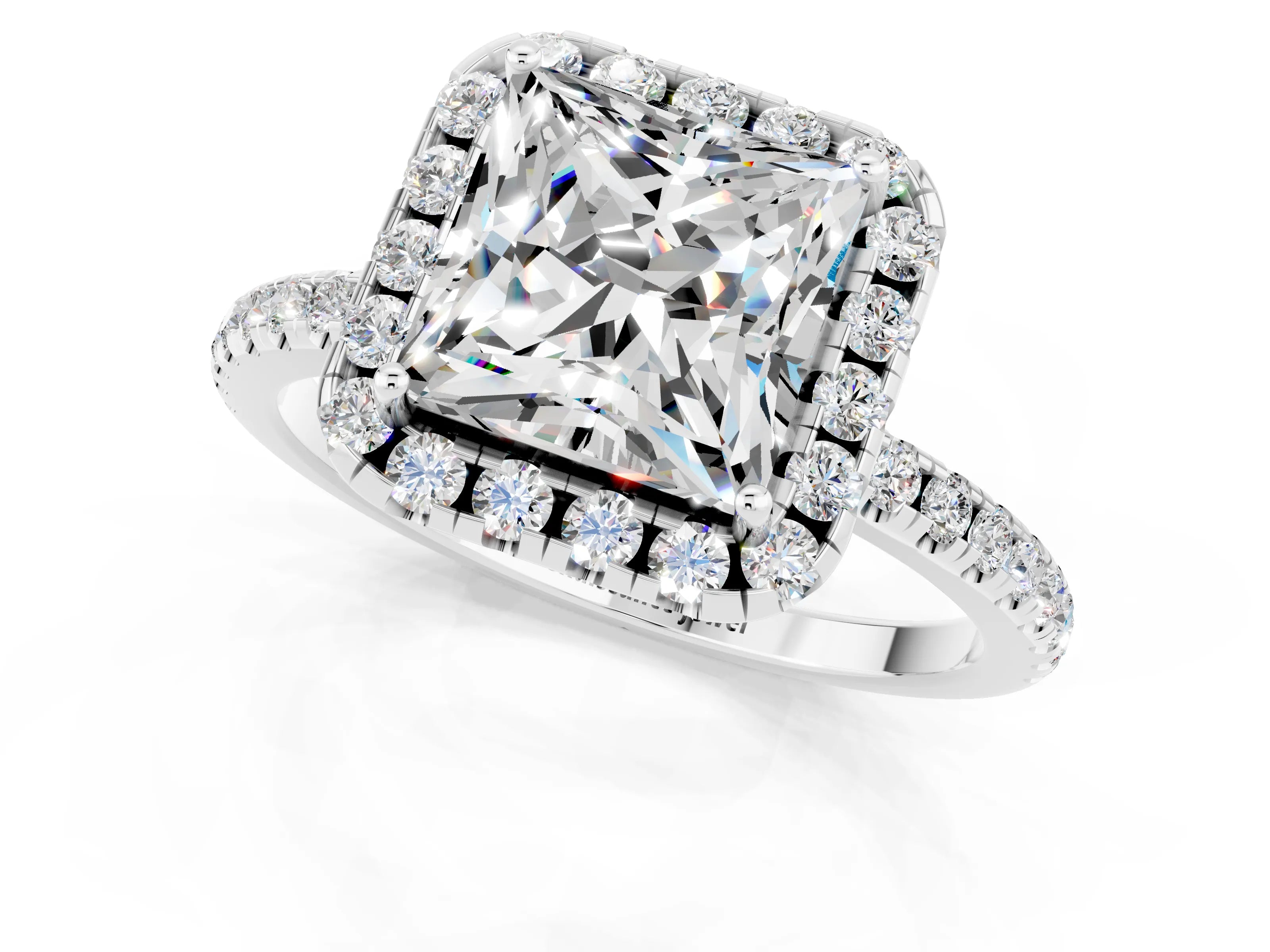 White gold Princess Cut Halo Round Diamond Pavé Band Four-Prong Ring_1