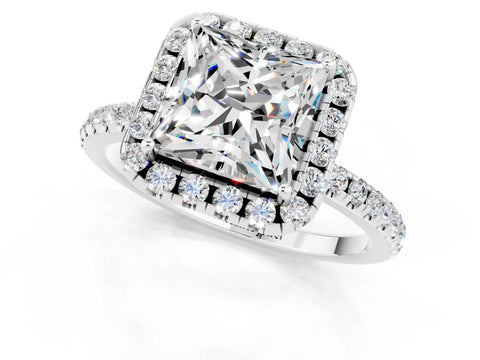 White gold Princess Cut Halo Round Diamond Pavé Band Four-Prong Ring_1