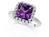 White gold Princess Cut Halo Round Diamond Pavé Band Four-Prong Ring_1