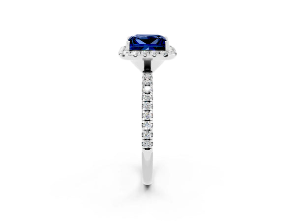White gold Princess Cut Blue Sapphire Halo Ring with Round Pavé Band and Prong Setting