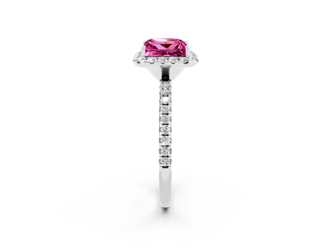 White gold Princess Cut Halo Round Diamond Pavé Band Four-Prong Ring_2