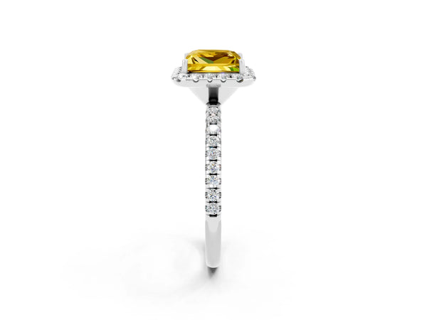 Platinum Princess Cut Yellow Sapphire Halo Ring with Round Pavé Band and Prong Setting