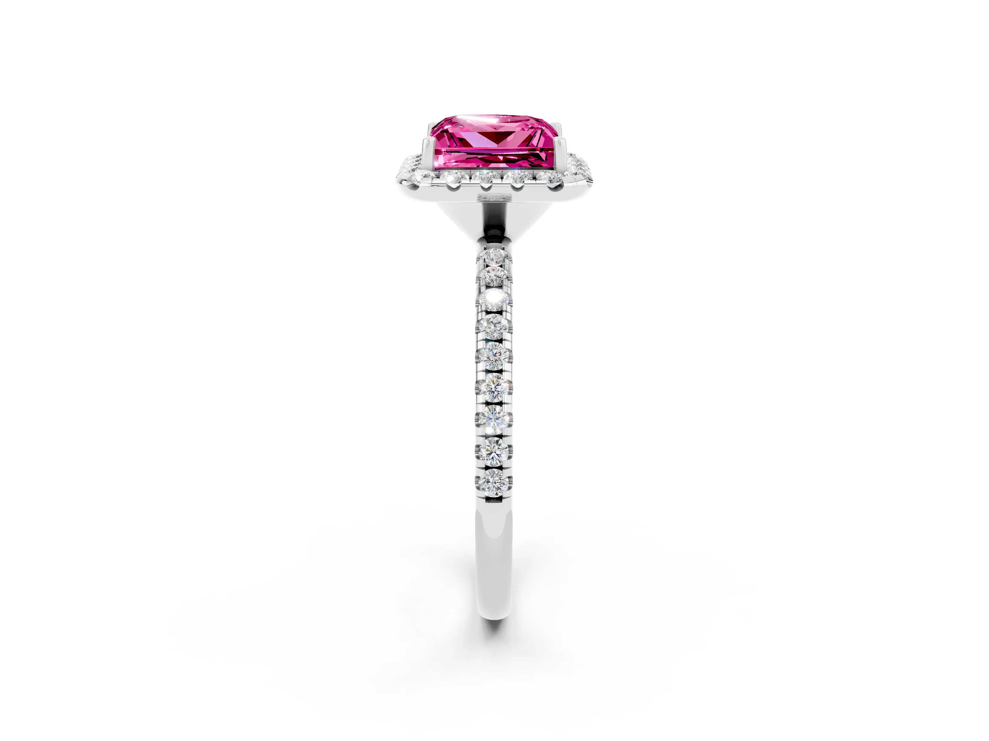 White gold Princess Cut Halo Round Diamond Pavé Band Four-Prong Ring_2