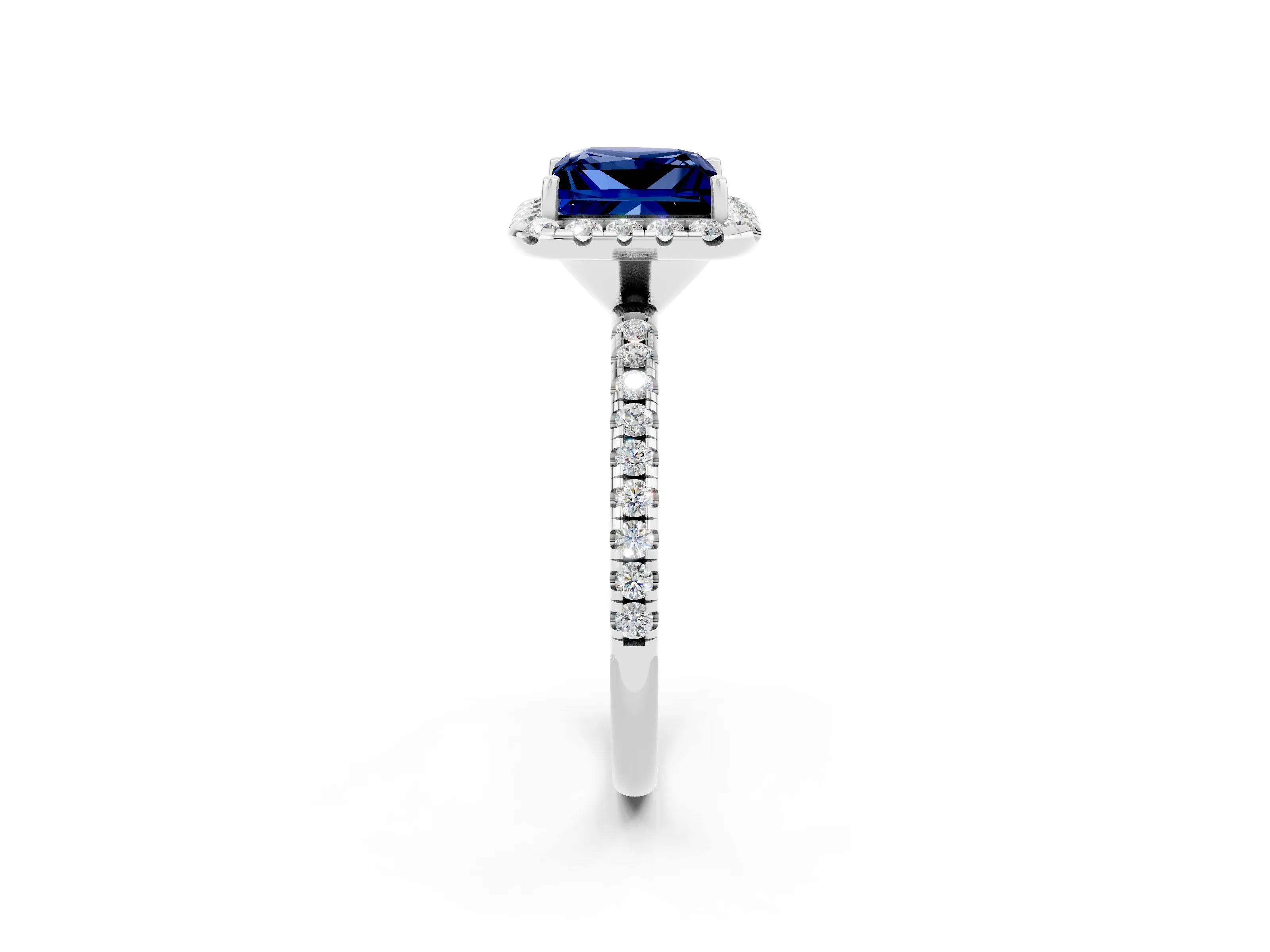 White gold Princess Cut Halo Round Diamond Pavé Band Four-Prong Ring_2