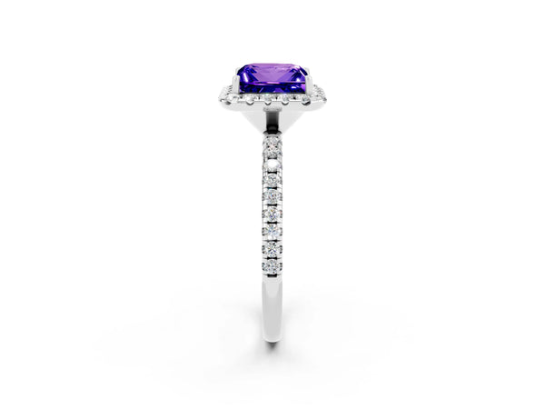 Platinum Princess Cut Tanzanite Halo Ring with Round Pavé Band and Prong Setting
