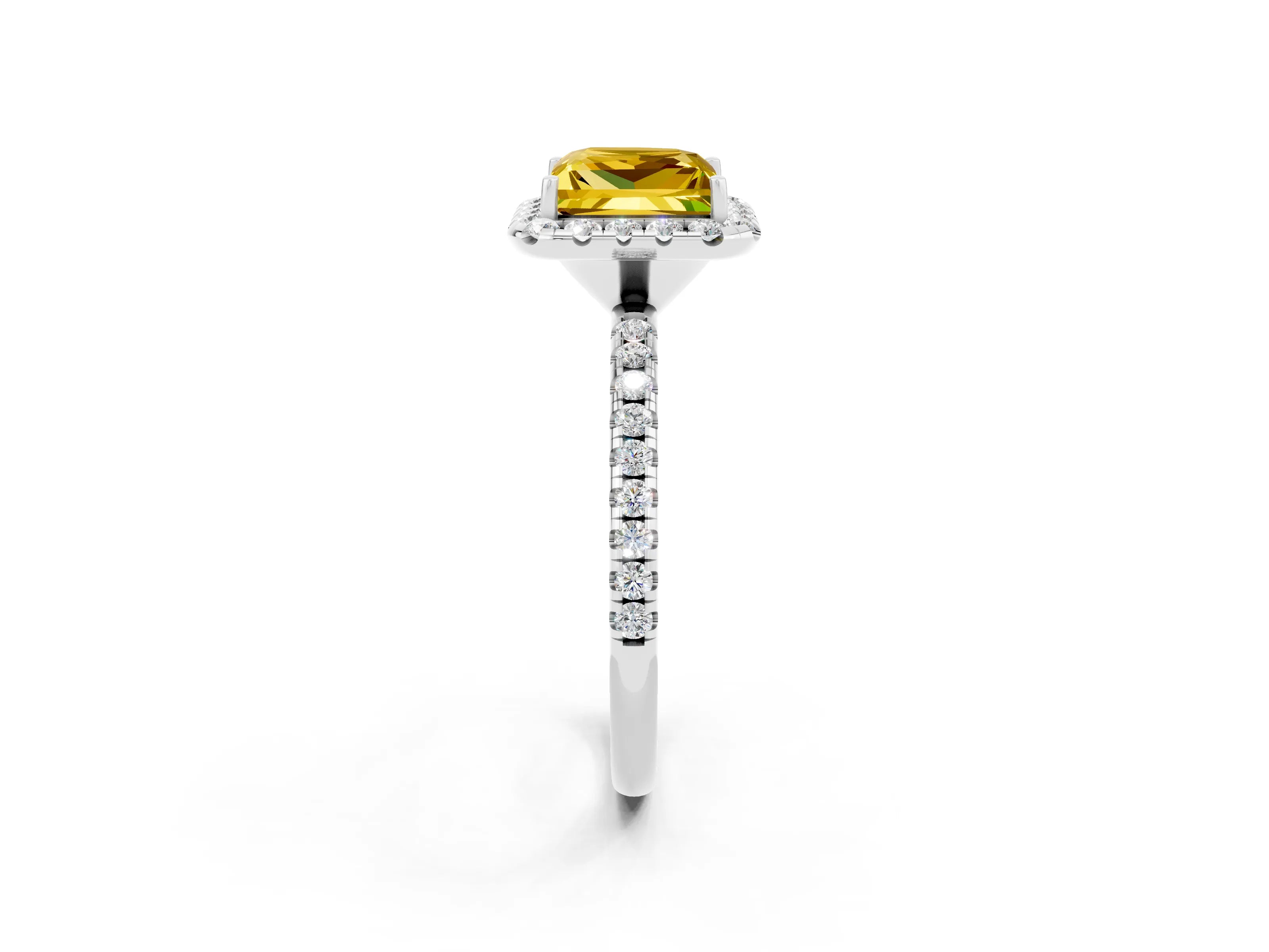 White gold Princess Cut Halo Round Diamond Pavé Band Four-Prong Ring_2