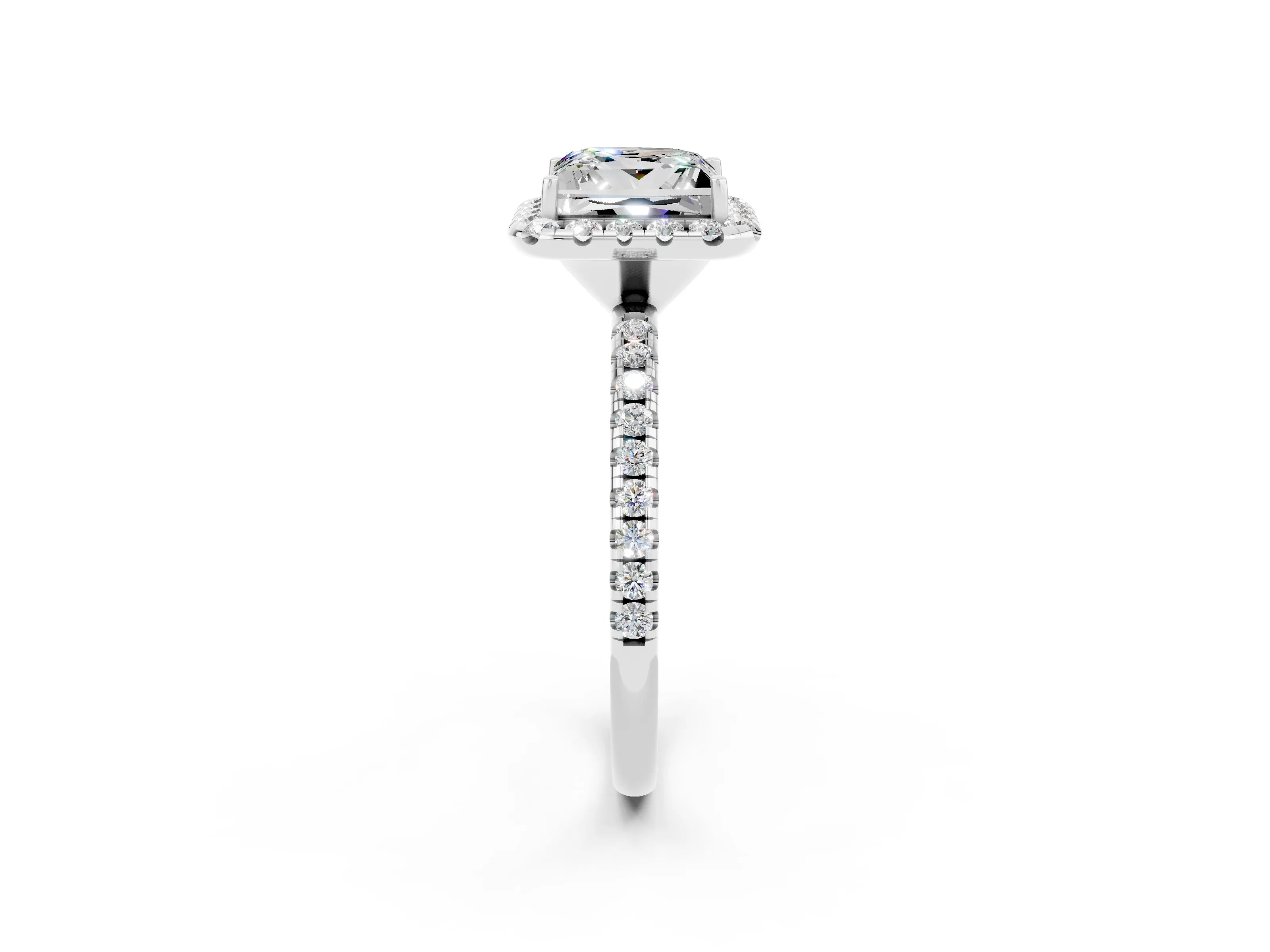 White gold Princess Cut Halo Round Diamond Pavé Band Four-Prong Ring_2