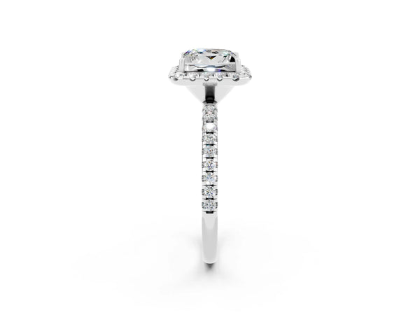 White gold Princess Cut Moissanite Halo Ring with Round Pavé Band and Prong Setting