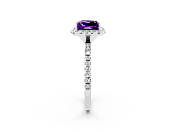 Platinum Princess Cut Amethyst Halo Ring with Round Pavé Band and Prong Setting