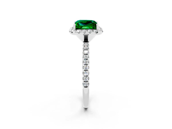 White gold Princess Cut Emerald Halo Ring with Round Pavé Band and Prong Setting
