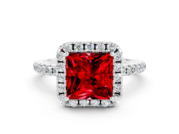Silver Princess Cut Halo Round Diamond Pavé Band Four-Prong Ring