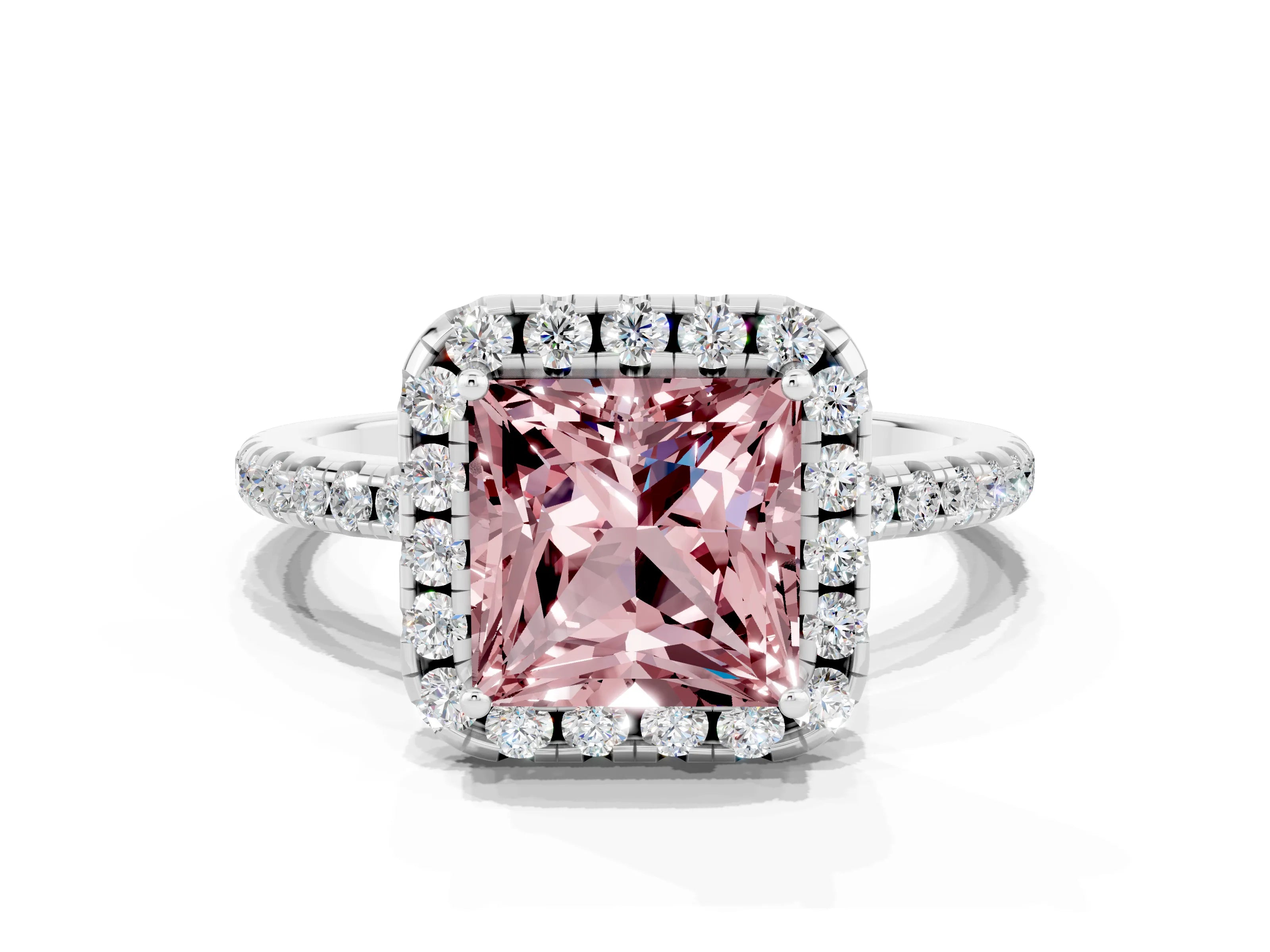 White gold Princess Cut Halo Round Diamond Pavé Band Four-Prong Ring