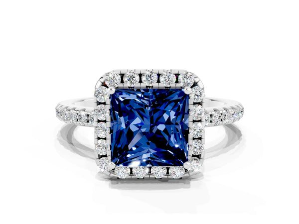 White gold Princess Cut Blue Sapphire Halo Ring with Round Pavé Band and Prong Setting