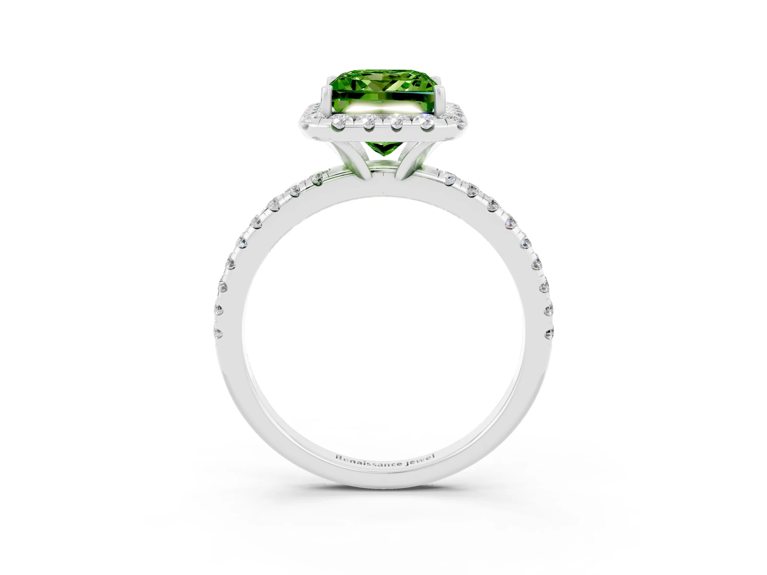 White gold Princess Cut Halo Round Diamond Pavé Band Four-Prong Ring_3