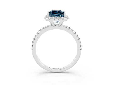 White gold Princess Cut Halo Round Diamond Pavé Band Four-Prong Ring_3