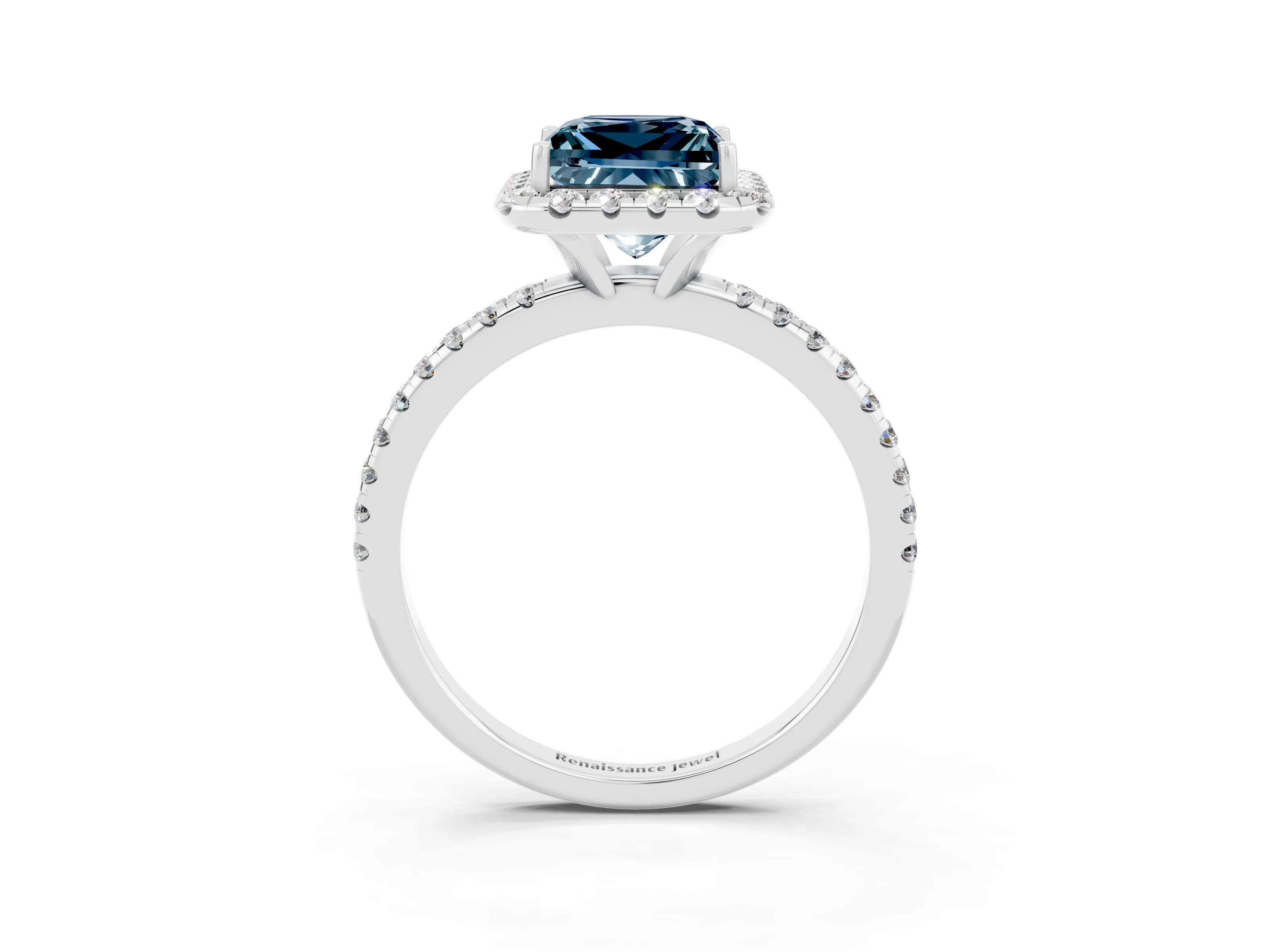 White gold Princess Cut Halo Round Diamond Pavé Band Four-Prong Ring_3