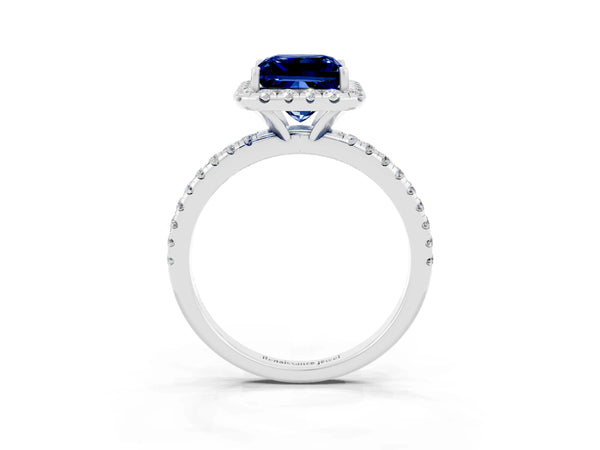 White gold Princess Cut Blue Sapphire Halo Ring with Round Pavé Band and Prong Setting
