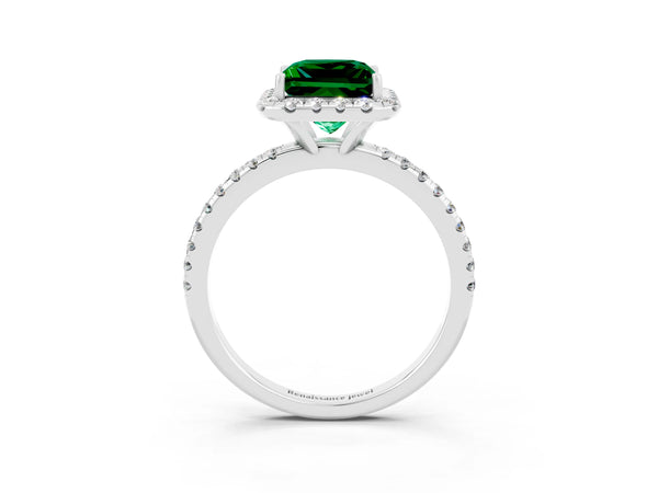Silver Princess Cut Emerald Halo Ring with Round Pavé Band and Prong Setting
