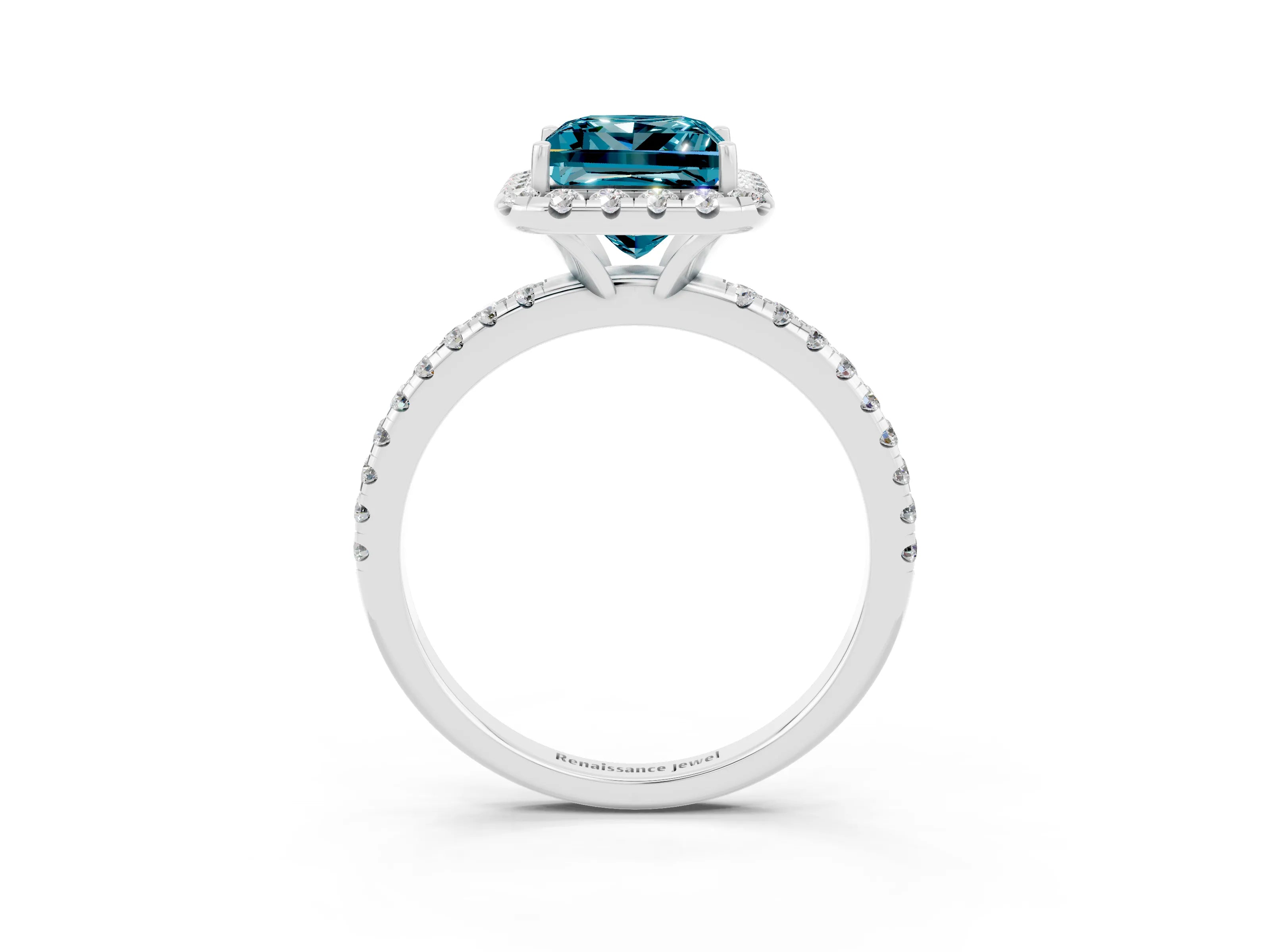 White gold Princess Cut Halo Round Diamond Pavé Band Four-Prong Ring_3