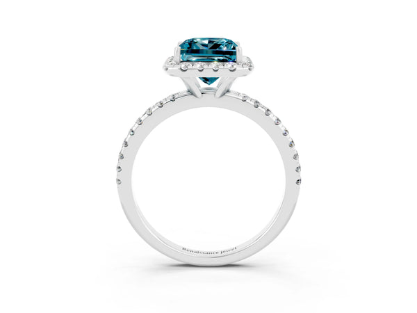 White gold Princess Cut Halo Round Diamond Pavé Band Four-Prong Ring