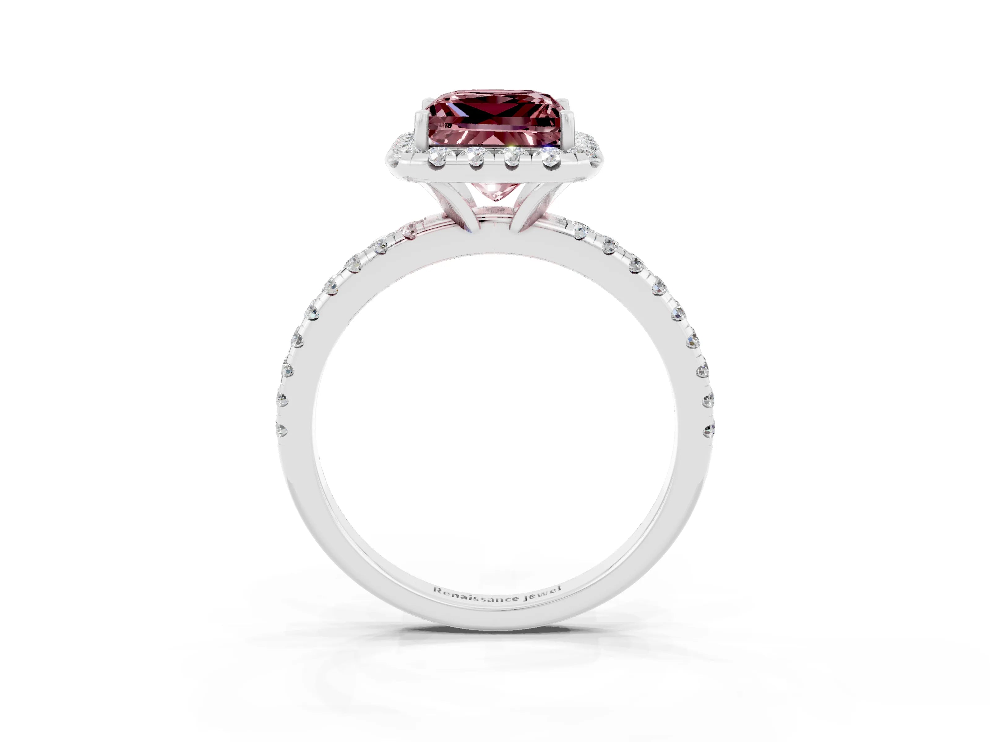 White gold Princess Cut Halo Round Diamond Pavé Band Four-Prong Ring_3