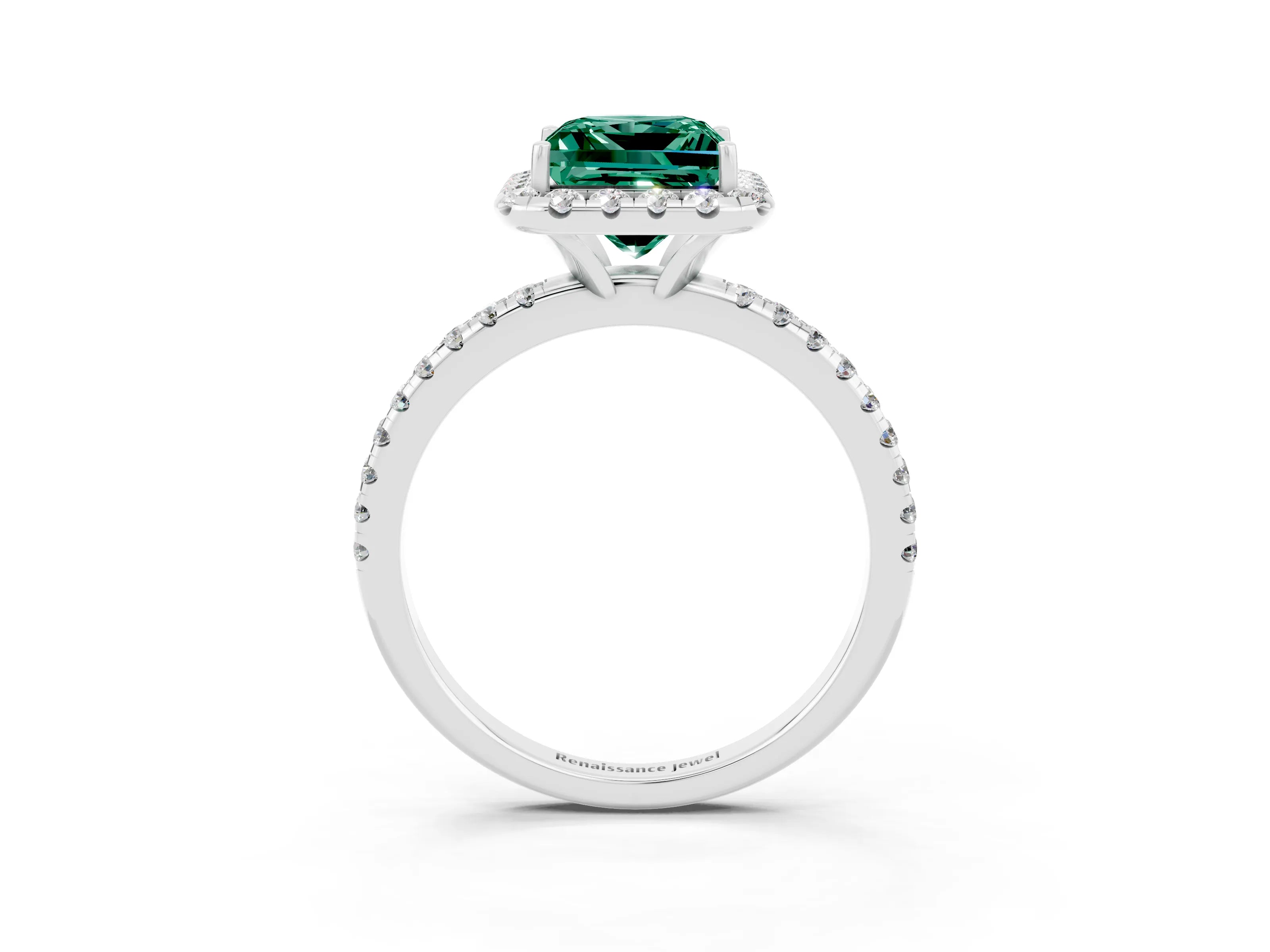 White gold Princess Cut Halo Round Diamond Pavé Band Four-Prong Ring_3