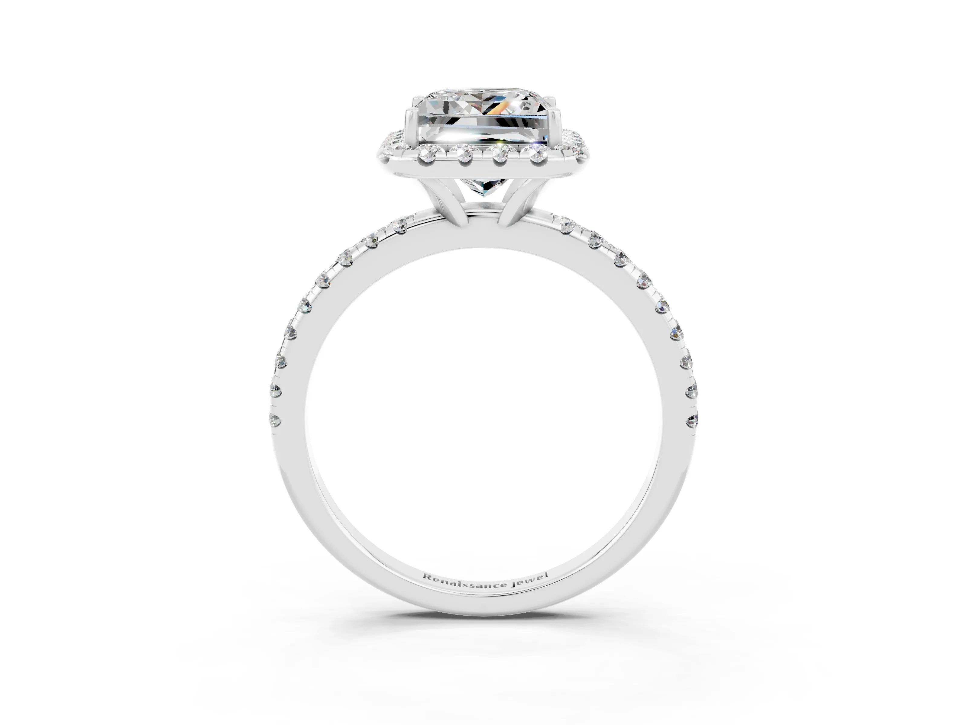 White gold Princess Cut Halo Round Diamond Pavé Band Four-Prong Ring_3