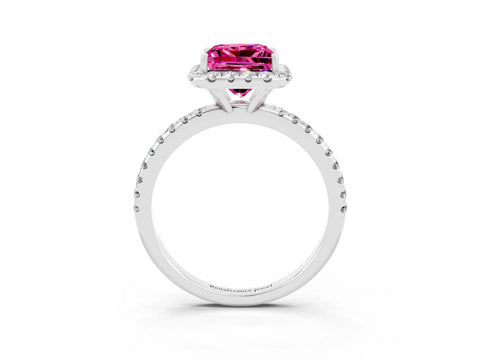 White gold Princess Cut Halo Round Diamond Pavé Band Four-Prong Ring_3