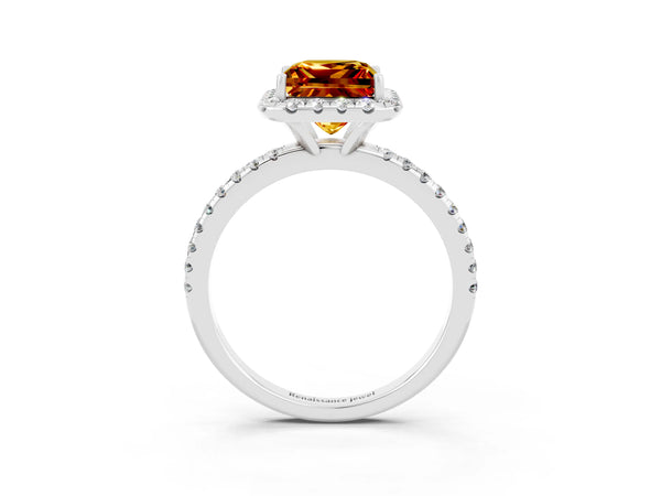 Silver Princess Cut Citrine Halo Ring with Round Pavé Band and Prong Setting