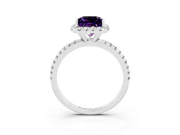 Silver Princess Cut Amethyst Halo Ring with Round Pavé Band and Prong Setting
