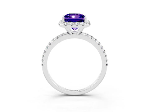 White gold Princess Cut Halo Round Diamond Pavé Band Four-Prong Ring_3