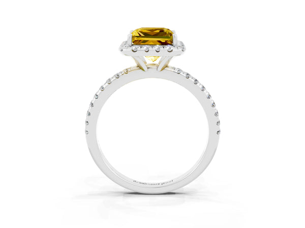 Platinum Princess Cut Yellow Sapphire Halo Ring with Round Pavé Band and Prong Setting
