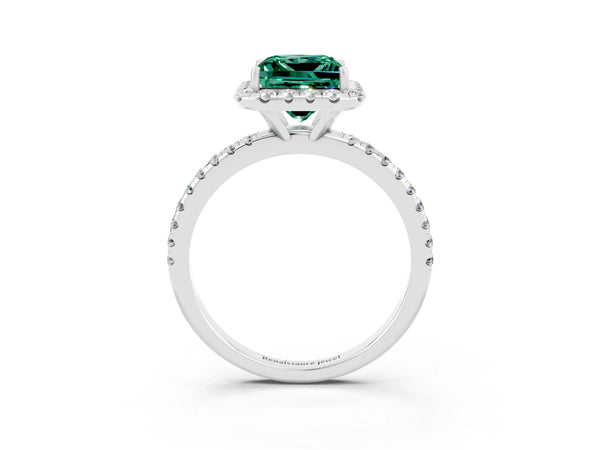 Platinum Princess Cut Green Sapphire Halo Ring with Round Pavé Band and Prong Setting