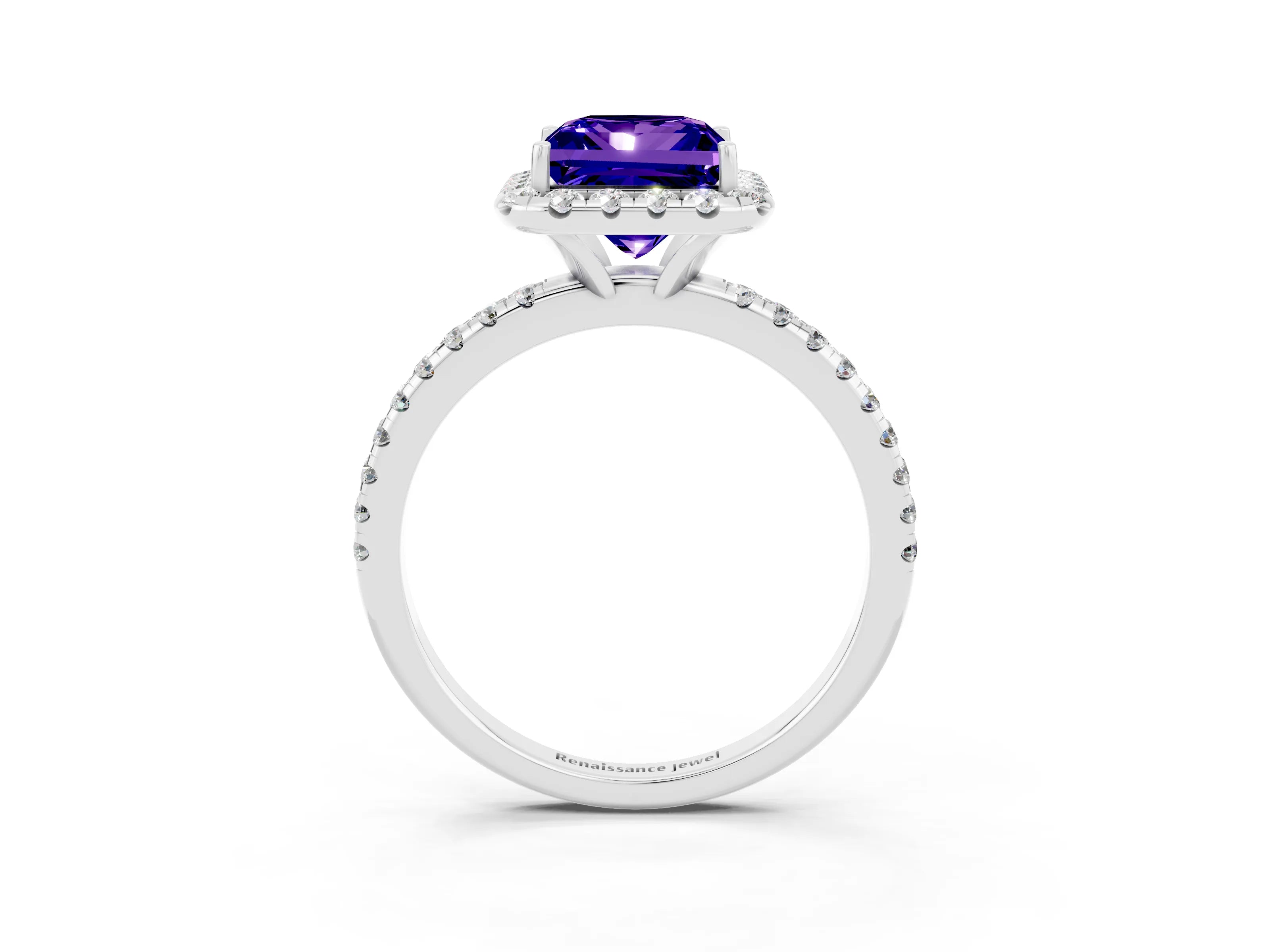 White gold Princess Cut Halo Round Diamond Pavé Band Four-Prong Ring_3