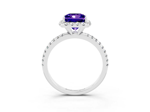 Platinum Princess Cut Tanzanite Halo Ring with Round Pavé Band and Prong Setting