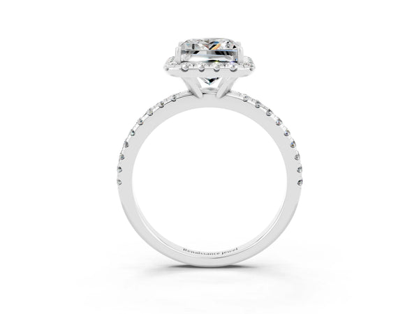 White gold Princess Cut Moissanite Halo Ring with Round Pavé Band and Prong Setting