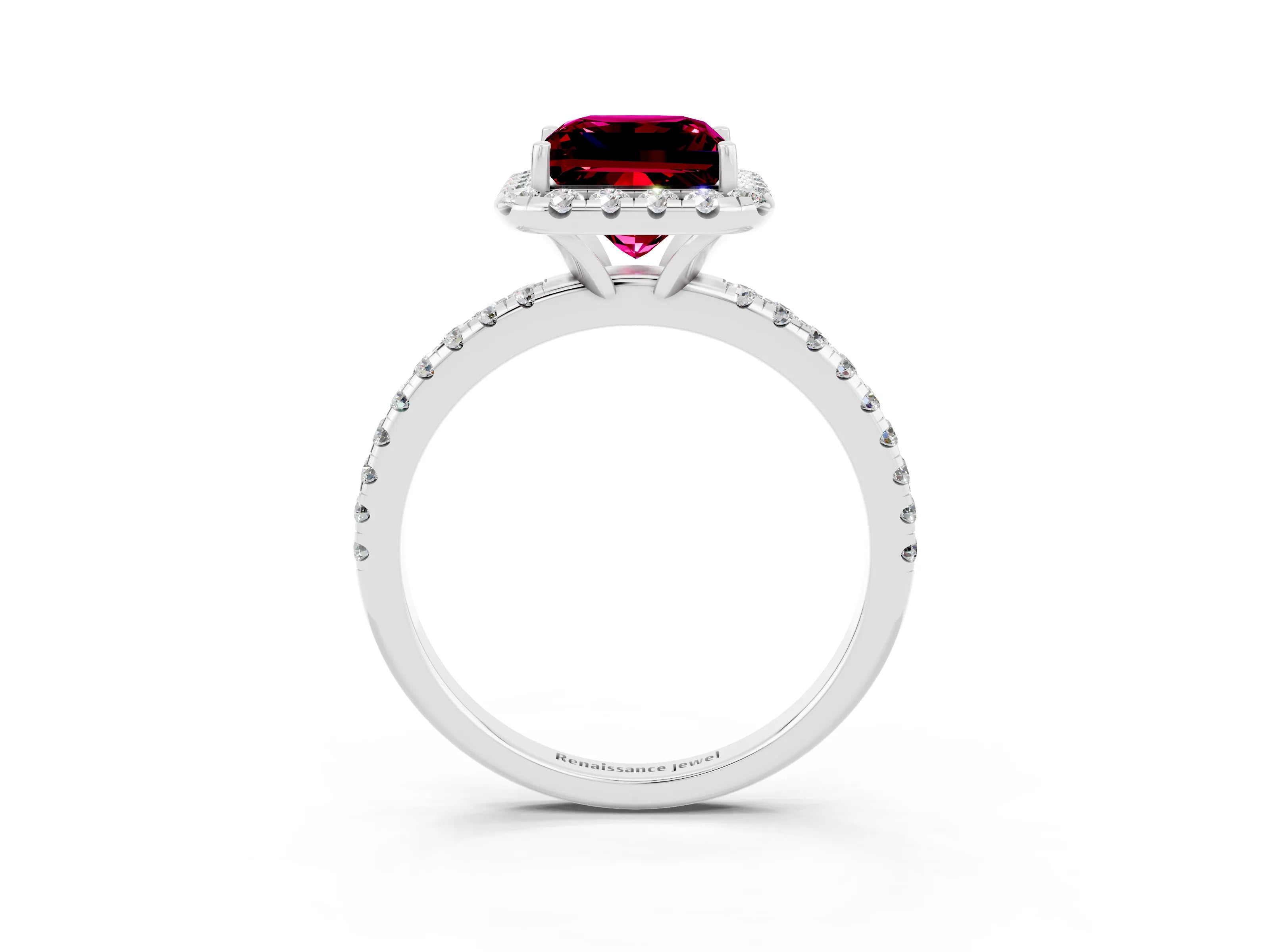 White gold Princess Cut Halo Round Diamond Pavé Band Four-Prong Ring_3